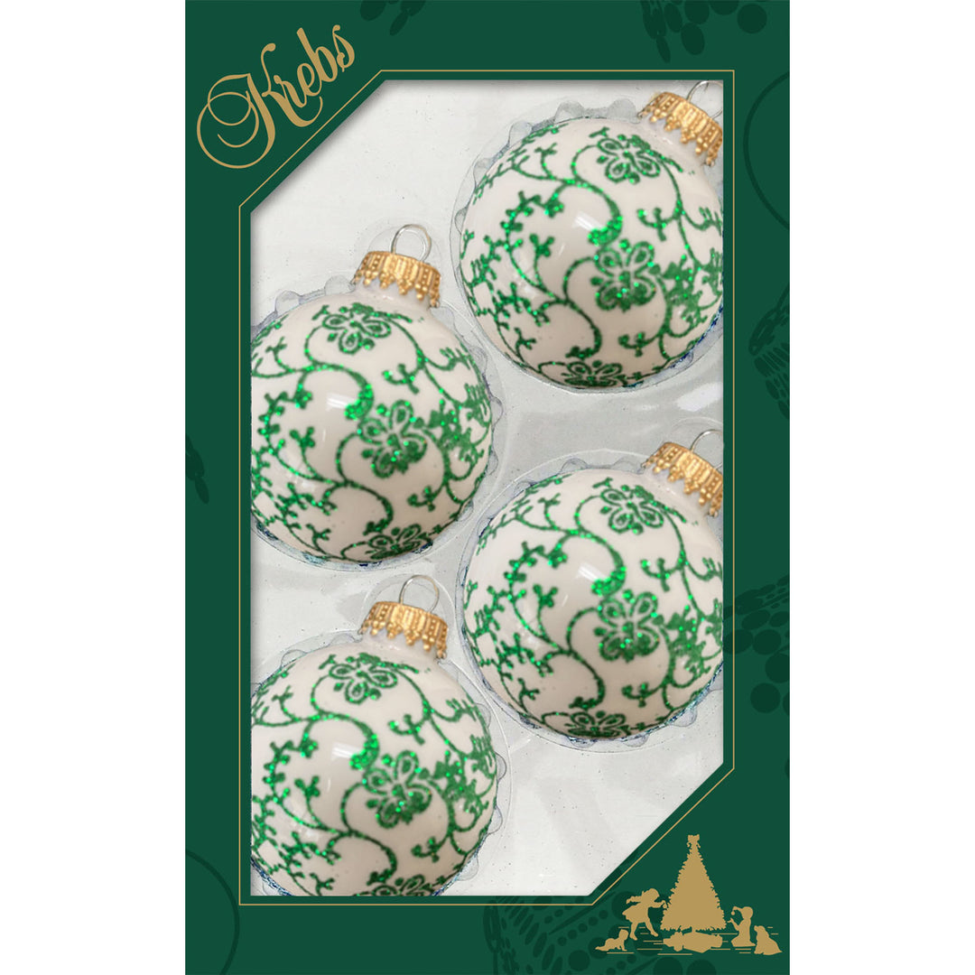 2 5/8" (67mm) Glass Ball Ornaments, Porcelain White with Green Floral Glitterlace, 4/Box, 12/Case, 48 Pieces