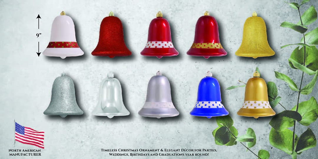 9" (229mm) Commercial Shatterproof Bell Ornaments, Candy Silver, 1/Box, 6/Case, 6 Pieces