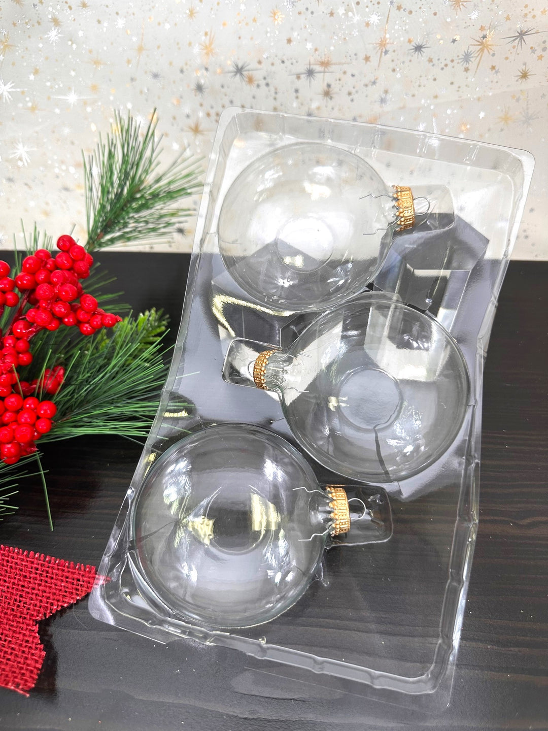 3" (76mm) Glass Disc Ornaments, Clear with Gold Crown Caps, 3/Box, 24/Case, 72 Pieces