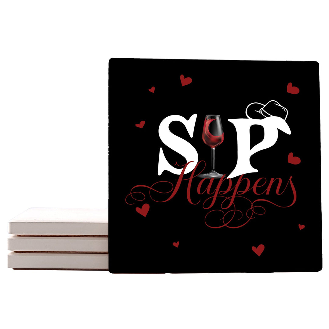 4" Square Ceramic Coaster Set Funny "I Love Wine" Collection - Sip Happens, 4/Box, 2/Case, 8 Pieces.
