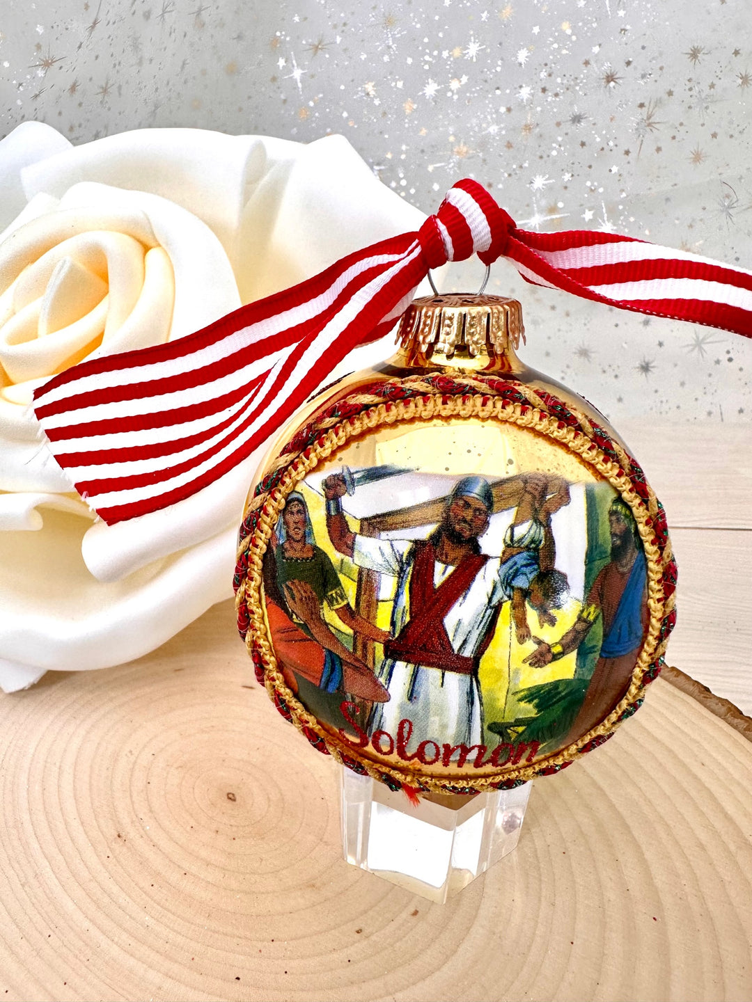 3 1/4" (80mm) Personalizable Hugs Specialty Gift Ornaments, Aztec Gold Glass Ball with Bible Hero/ Solomon