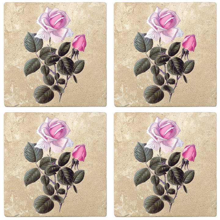 4" Absorbent Stone Flower Designs Drink Coasters, France Hybrid Tea Rose, 2 Sets of 4, 8 Pieces