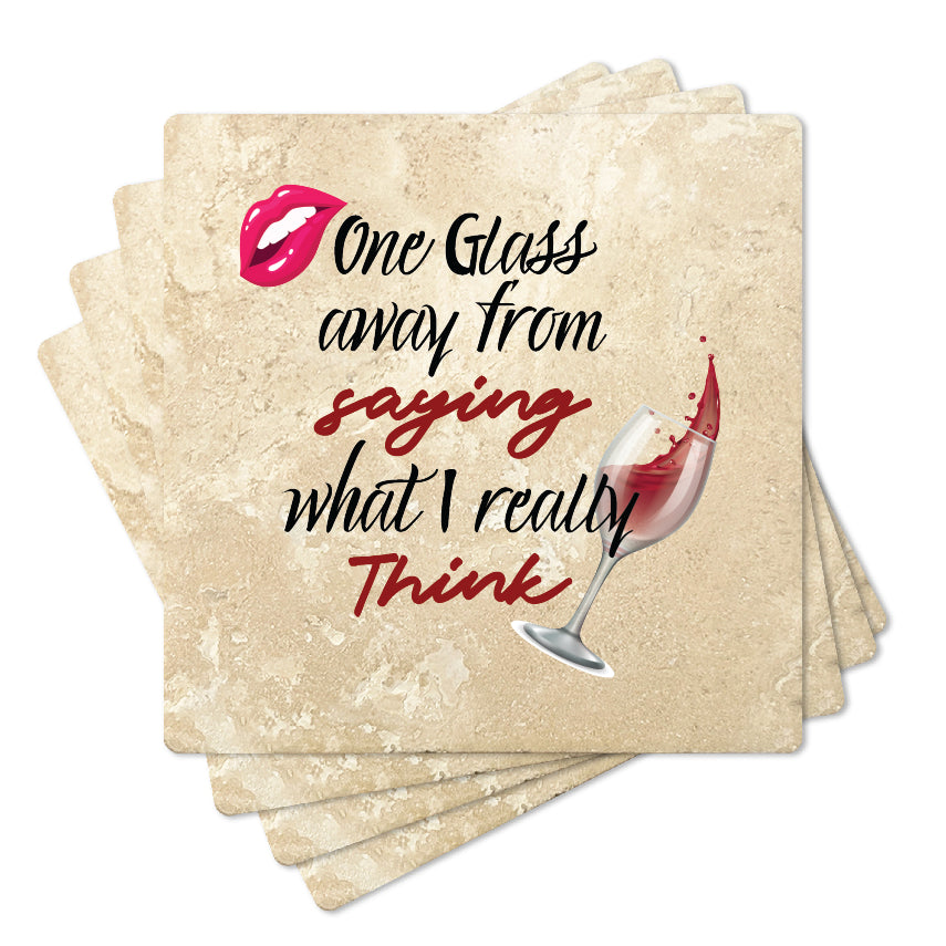 4" Square Travertine Coaster Set Funny "I Love Wine" Collection - I Really Think, 4/Box, 2/Case, 8 Pieces.