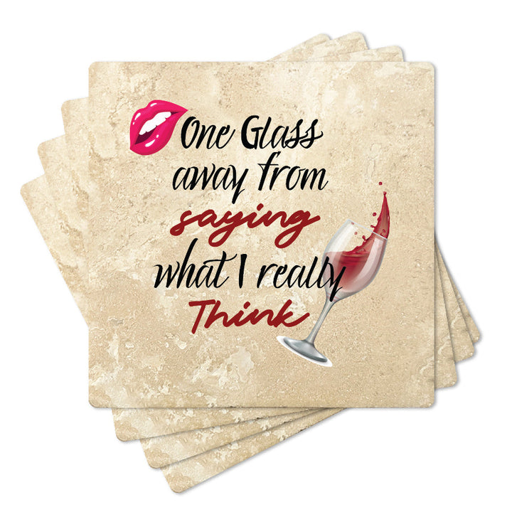 4" Square Travertine Coaster Set Funny "I Love Wine" Collection - I Really Think, 4/Box, 2/Case, 8 Pieces.