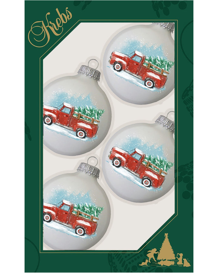 2 5/8" (67mm) Classic White Velvet Ball Ornaments with Red Vintage Watercolor Truck, 4/Box, 12/Case, 48 Pieces