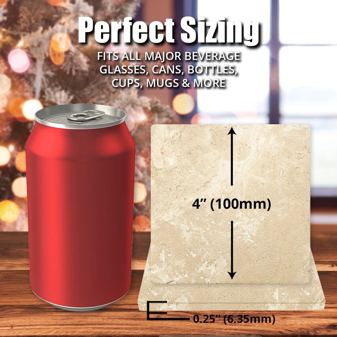 4" Christmas Holiday Travertine Coasters - Vintage Red Truck - Plaid, 2 Sets of 4, 8 Pieces