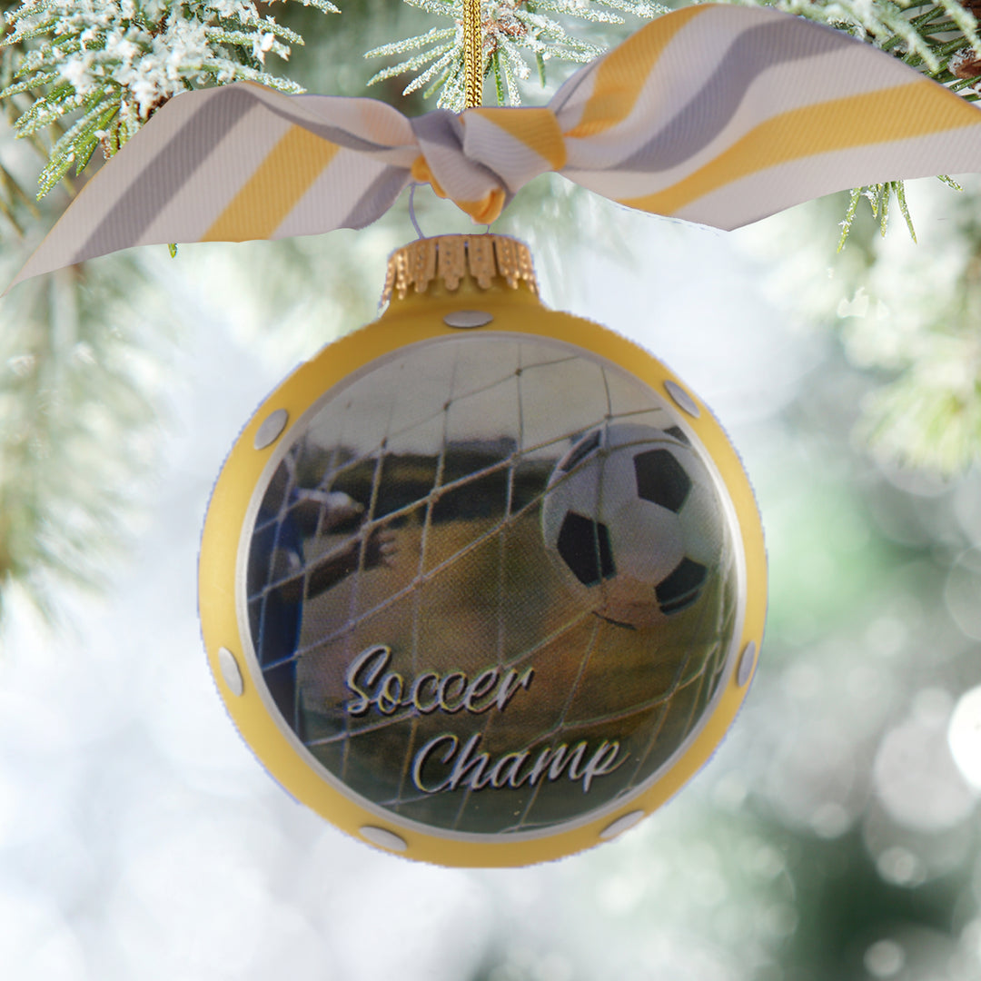 3 1/4" (80mm) Personalizable Hugs Specialty Gift Ornaments, Gold Velvet Ornament with Soccer Champ