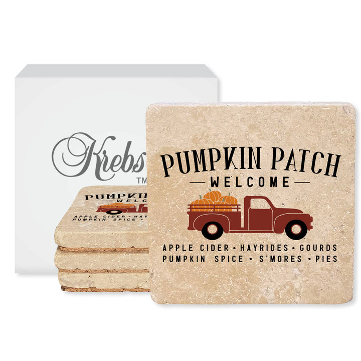 4" Absorbent Stone Fall Autumn Coasters, Pumpkin Patch Welcome - Truck, 2 Sets of 4, 8 Pieces