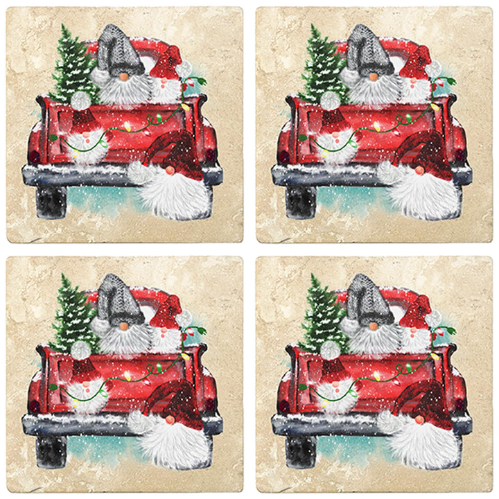 4" Christmas Holiday Travertine Coasters - Back of Red Truck with Gnomes, 2 Sets of 4, 8 Pieces