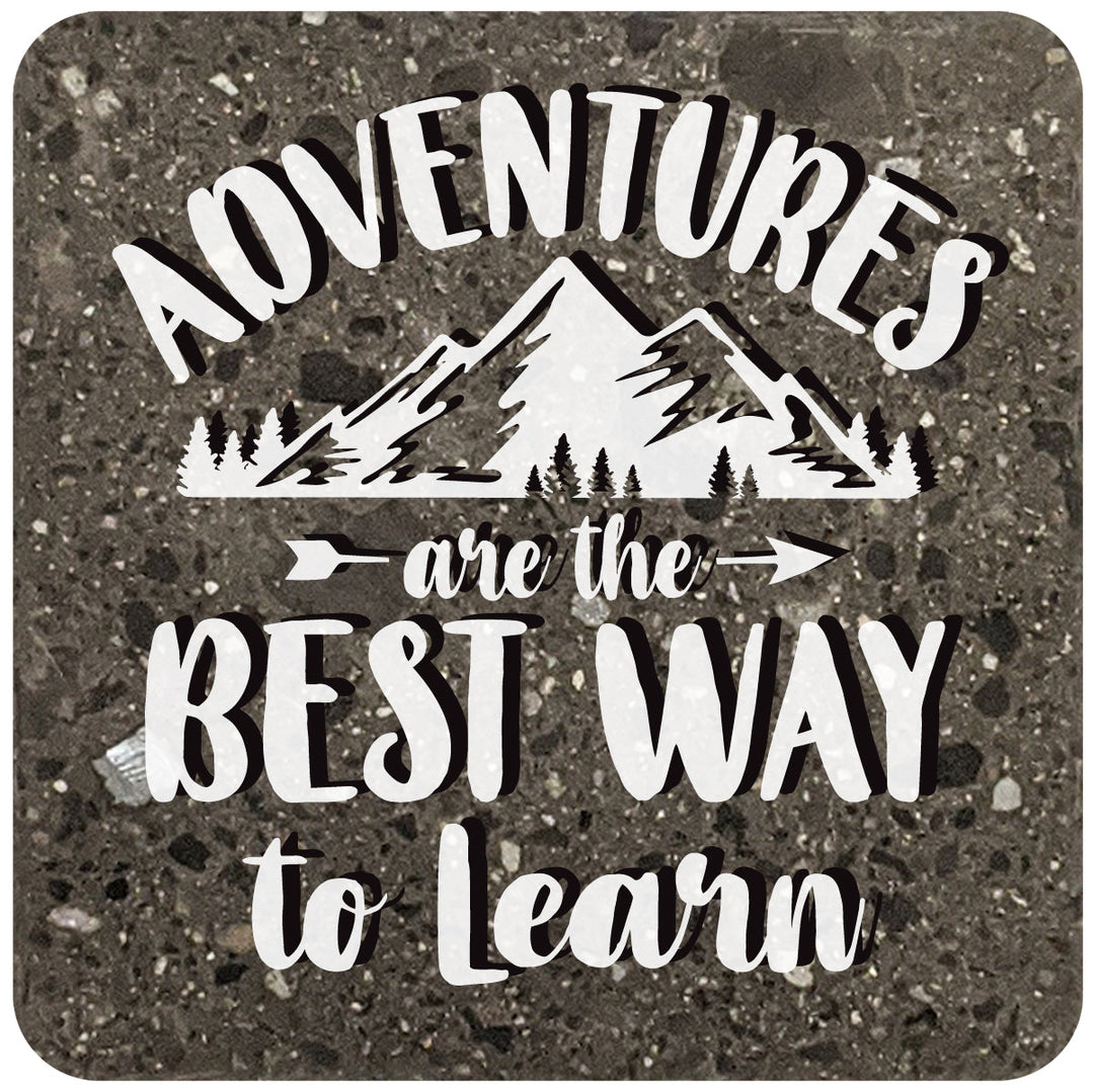 4" Square Black Stone Coaster - Adventures Are The Best Way To Learn, 2 Sets of 4, 8 Pieces