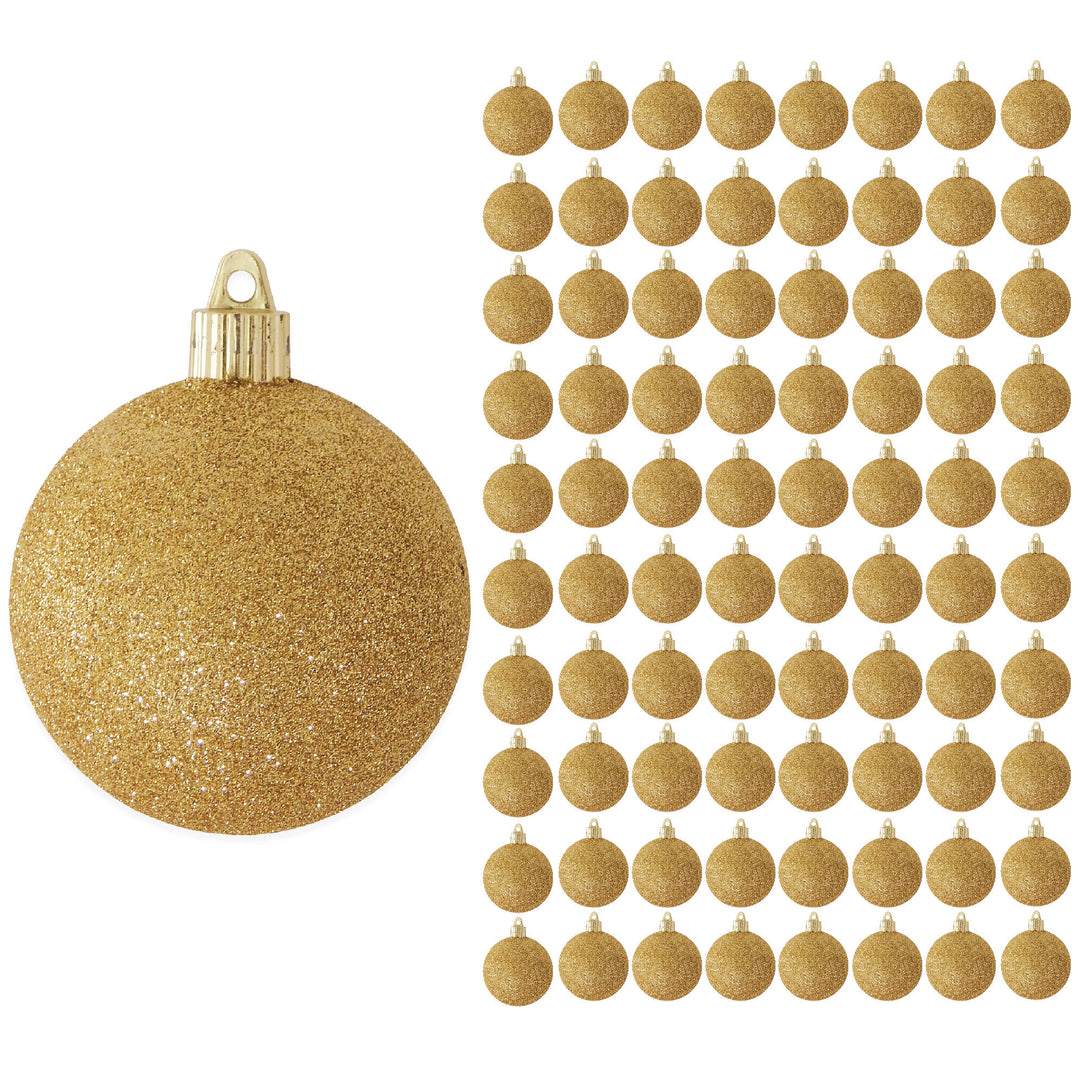 3 1/4" (80mm) Commercial Shatterproof Ball Ornament, Gold Glitter, Case, 8 Pieces per Bag, 10 Bags per Case, 80 Pieces per case.