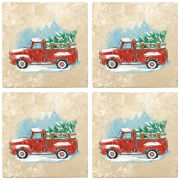 4" Christmas Holiday Travertine Coasters - Vintage Red Truck, 2 Sets of 4, 8 Pieces